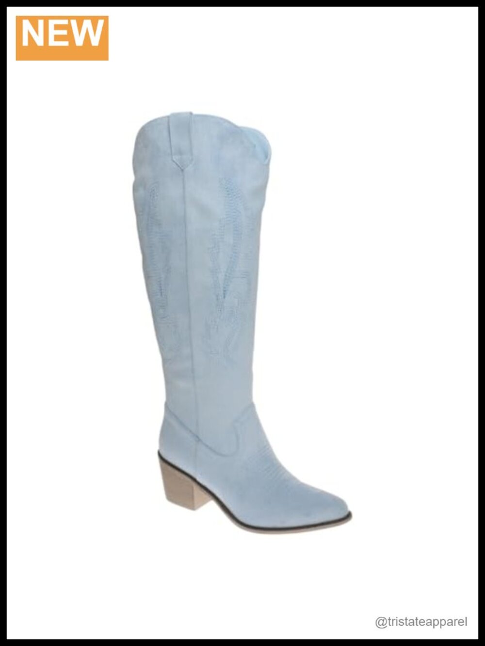 Faux Suede Knee High Cowboy Boots Wide Calf Embroidered Chunky Heel Pointed Toe